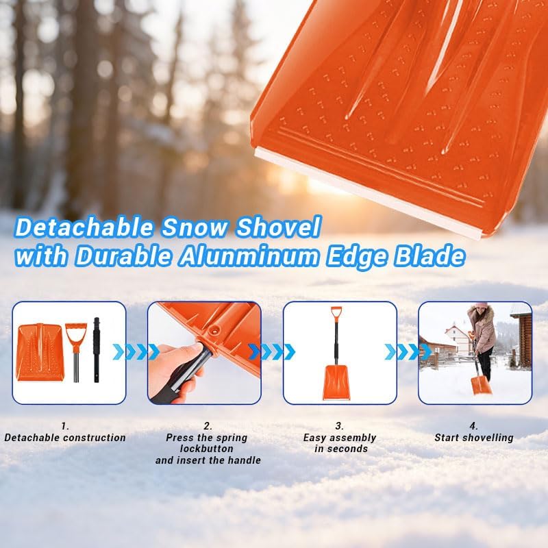 Daxguard Snow Shovel，2026 Upgraded Lightweight Steel Handle Snow Removal Tool, Kids Snow Shovel, Suitable for Emergencies, Car Driveways, Gardens, Camping (Orange - Image 2